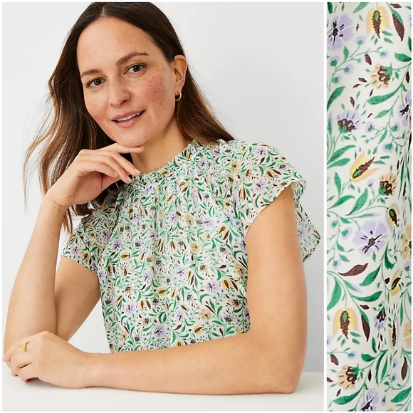NWT Ann Taylor Green Floral Reglan Flutter Short Sleeve Blouse Top Petite XS - Picture 8 of 9